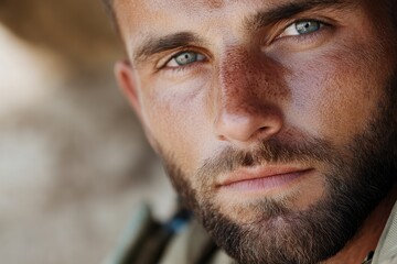 Fototapeta premium A close-up portrait featuring a soldier with striking blue eyes and a rugged beard, capturing a moment of calm amidst the chaos of military life and conflict.