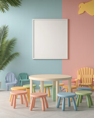 Blank White Poster in Kid-Friendly Prayer Room with Pastel Colors