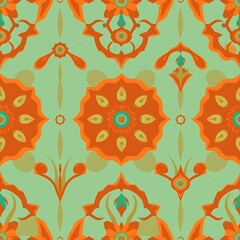 Seamless Pattern with Mint Green and Orange Floral Motifs