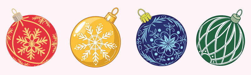 Christmas balls vector set design featuring ornaments with snowflake patterns, set against a white background, perfect for holiday season decoration. Vector illustration.