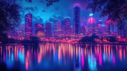 Fototapeta premium vibrant houston skyline night reflection
