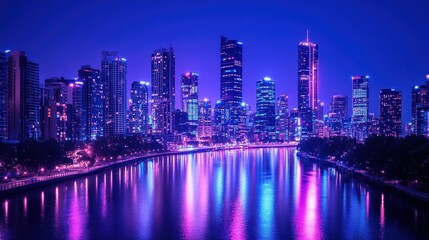Naklejka premium melbourne cityscape at night vibrant purple and pink reflections