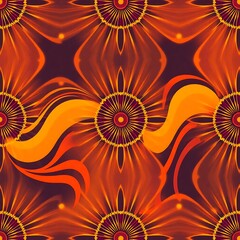 Fiery Floral Mandala: Abstract seamless pattern with vibrant orange and red mandala flowers and swirling lines. Perfect for textile prints, wallpaper, and decorative designs. 