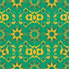 Vibrant Green and Gold Floral Tile Pattern 
