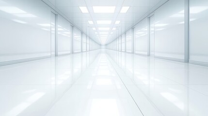 Obraz premium Long, bright white corridor with glossy floor and ceiling lights.