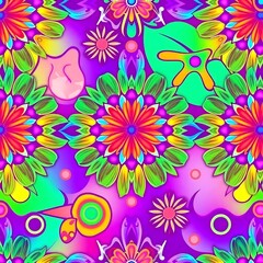Psychedelic Floral Pattern: A vibrant, psychedelic floral pattern bursts with color and energy, featuring intricate mandala-like flowers, swirling leaves, and abstract shapes.