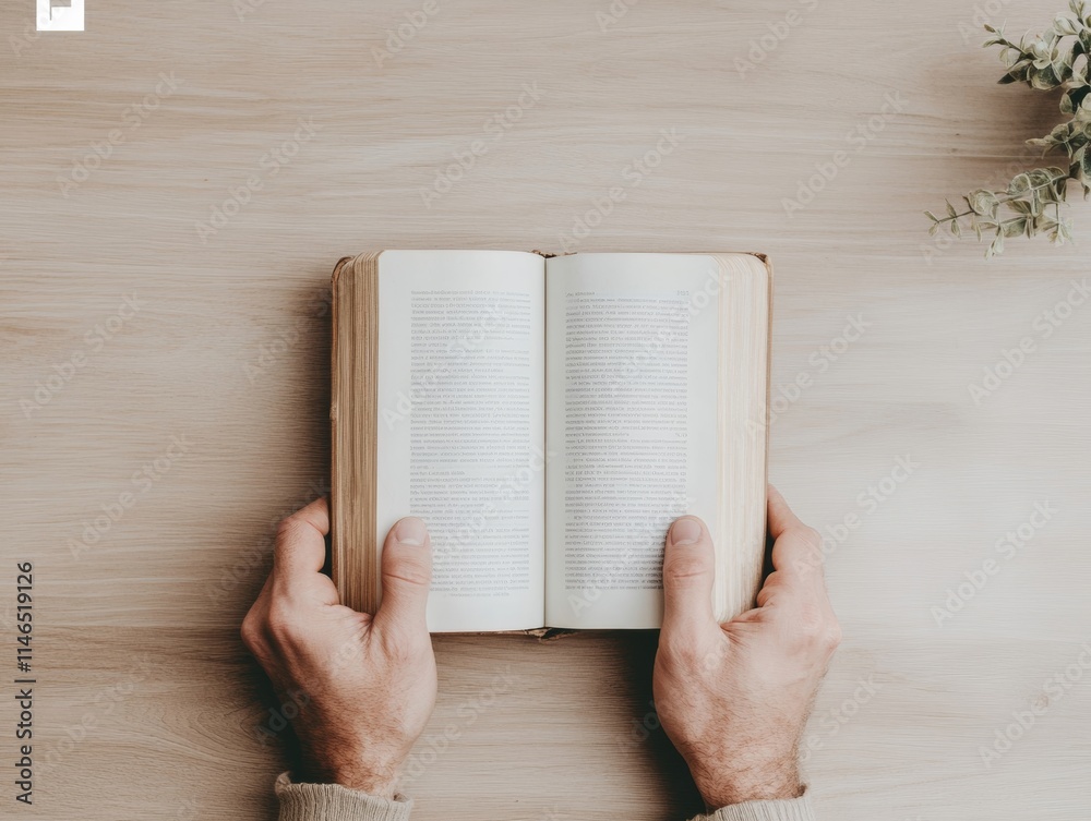 Aufkleber Hands Holding Open Book on Wooden Table with Minimalist Design and Soft Shadows
