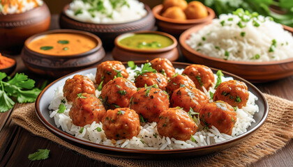 Fototapeta premium Meatballs in a savory sauce served on a bed of white rice. Traditional earthenware, flatbreads and side dishes create an authentic Indian dining experience.