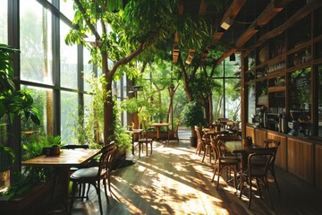 Fototapeta premium Sunlit Eateries: A Modern CafÃ© with Wooden Interior and Indoor Garden Ambiance