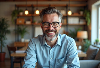 Fototapeta premium Happy smiling bearded businessman with glasses small business owner, company leader or sales manager, male CEO executive, successful entrepreneur looking at camera sitting in home office. 