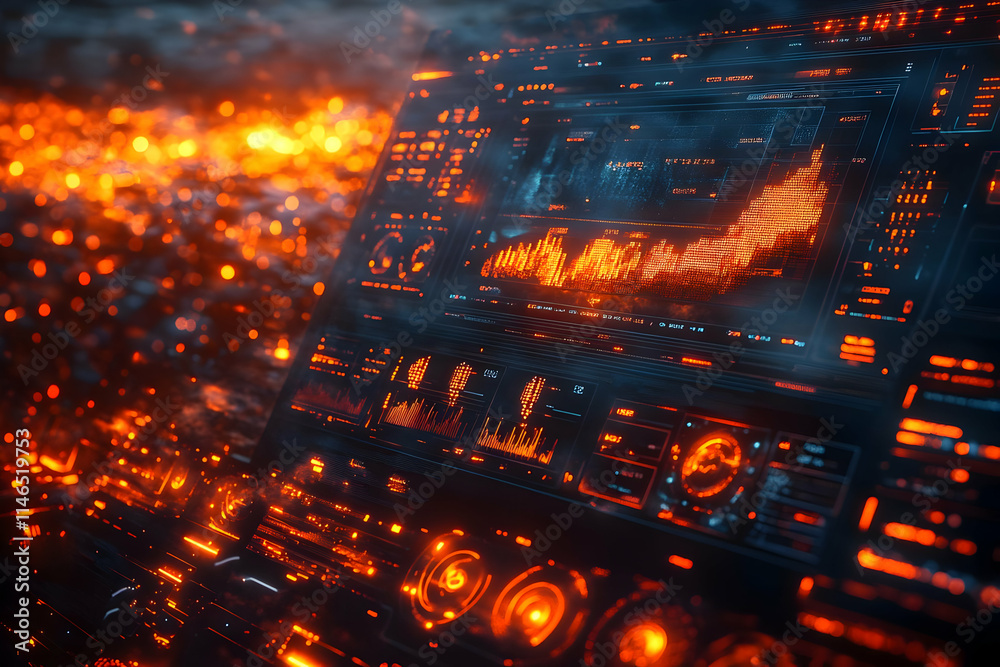 Poster a futuristic control panel displaying data with glowing elements and a fiery background.