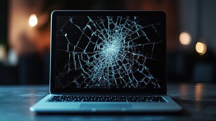 Broken black display screen on laptop notebook computer. Shattered glass, destroyed and cracked technology device repair and fix service