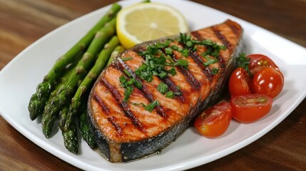Grilled salmon served with asparagus, cherry tomatoes, and lemon on a white plate.