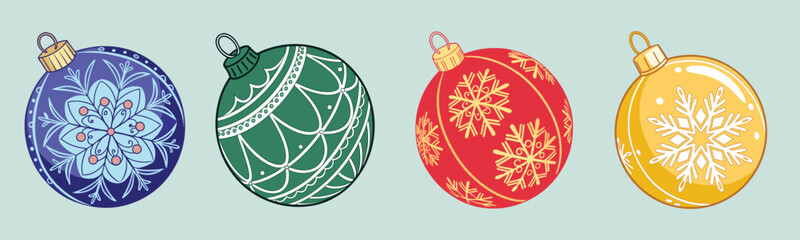 Christmas balls vector set design featuring ornaments with snowflake patterns, set against a white background, perfect for holiday season decoration. Vector illustration.