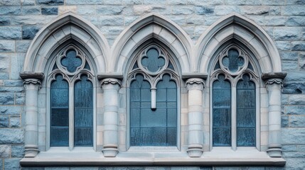 Obraz premium Gothic-style stone wall with three arched windows featuring intricate designs.