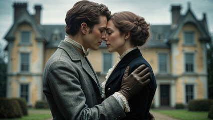 Tender embrace of a romantic couple in front of a historic estate.