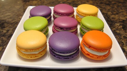 Obraz premium Colorful french macarons display gourmet bakery food photography indoor setting close-up shot culinary art