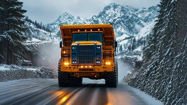 Heavy Duty Hauler on Snowy Mountain Road: A powerful yellow dump truck navigates a winding mountain road covered in fresh snow.