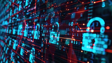Futuristic Digital Security Visualization with Lock Icons and Data Streams