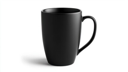 Obraz premium A tall ceramic coffee mug in matte black, featuring a straight handle and a minimalistic aesthetic, on white
