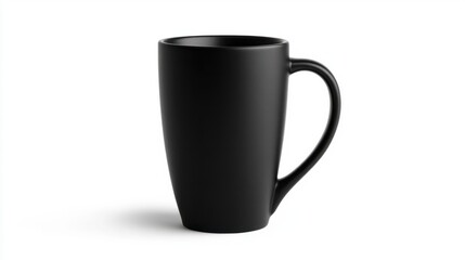 Obraz premium A tall ceramic coffee mug in matte black, featuring a straight handle and a minimalistic aesthetic, on white