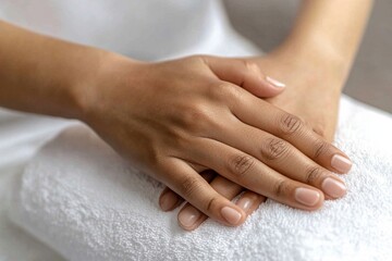 Two hands one top other resting white towel Acupuncture hand massage