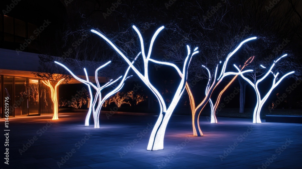 Poster Illuminated trees at night create a striking visual display in a serene outdoor space.