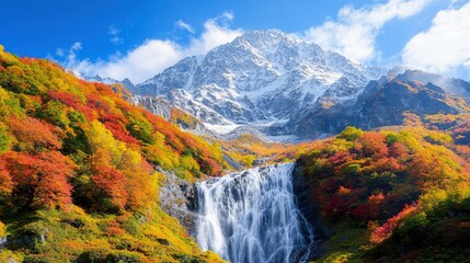 Majestic waterfall cascading down mountain, vibrant autumn foliage.