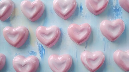 Obraz premium Pink Heart Shaped Candy Pattern on Blue Background