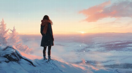 Obraz premium woman in winter landscape at sunset