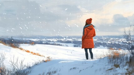woman in red coat on snowy hilltop
