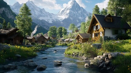 Fototapeta premium Swiss Landscape with River Stream and Houses 16K Resolution