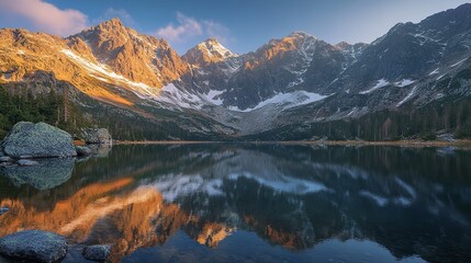 Fototapeta premium Tatra National Park, a Lake in the Mountains at the Twilight