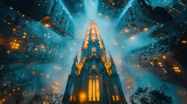 Low angle view of illuminated church amidst skyscrapers at night.