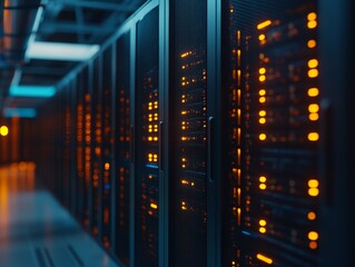 A dimly lit data center with rows of servers displaying illuminated indicators.