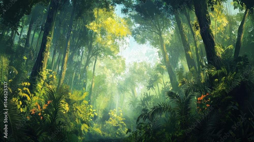 Aufkleber lush green jungle with sunlight filtering through dense foliage, creating a serene atmosphere.