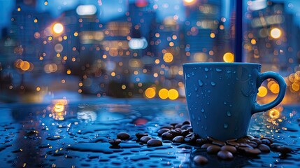 A blue cup of coffee 