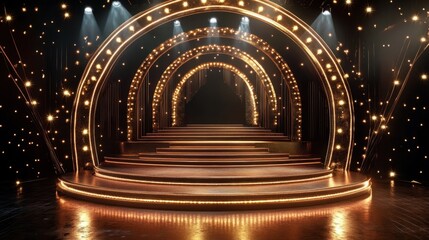 A luxurious stage with an arched golden frame, illuminated stairs, and glittering spotlights, ready for an award ceremony