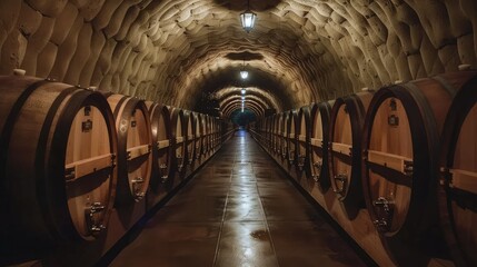 Fototapeta premium Authentic Wine Cellar Interior with Wooden Barrels and Atmospheric Lighting
