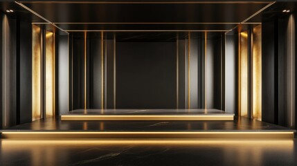Obraz premium A minimalist yet luxurious stage with gold and black accents, LED panels, and sleek, modern lighting, ready for events