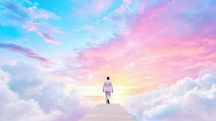 Man in suit walking towards a colorful sunset sky on a stairway above clouds.