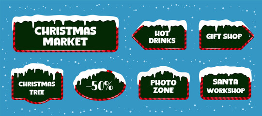 Winter Christmas holiday frames for text. New Year signs and banners with snow. Candy cane badges different shapes with green background. 