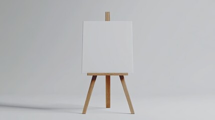 Classic wooden easel with a blank white canvas, standing upright isolated on white background