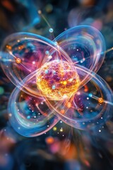 Abstract atom, vibrant energy, swirling orbits.
