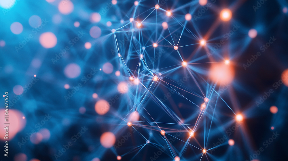 Poster abstract representation of interconnected nodes and pathways in a digital network.