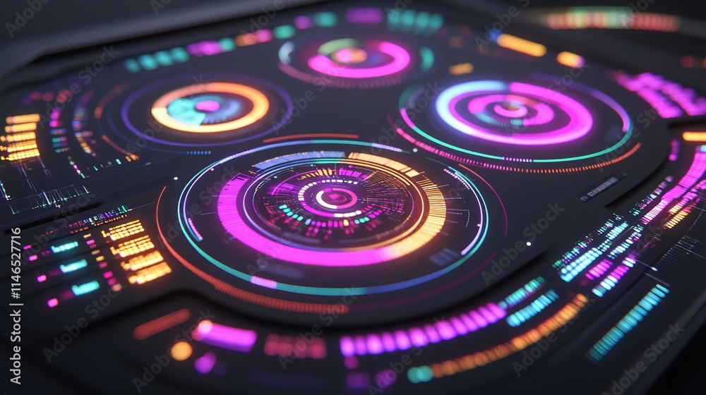Poster futuristic neon interface display with circular hud elements
