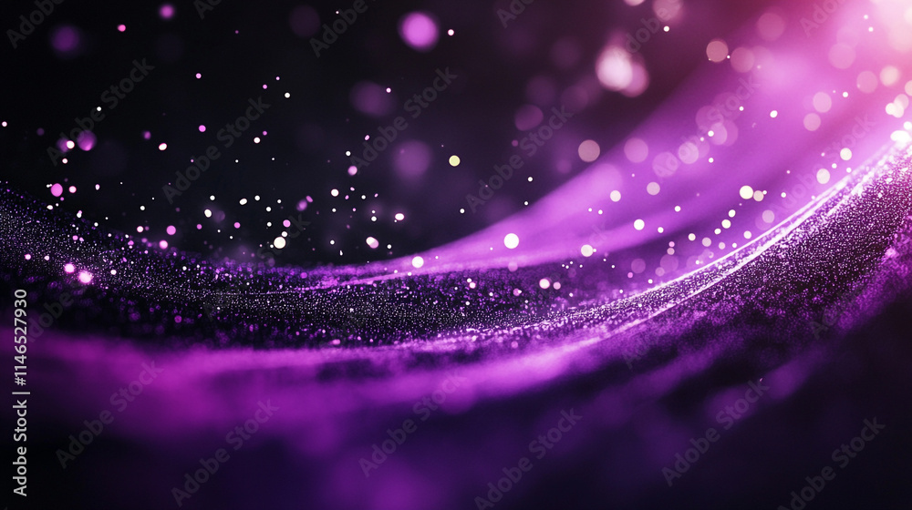 Poster purple wave pattern with sparkling particles in a dark background.