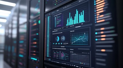 Server Room Data Center with Multiple Screens Showing Graphs and Charts