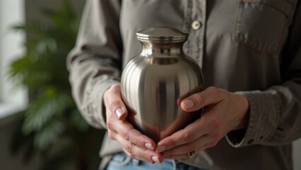 Naklejka premium Woman holding a metal urn in a peaceful indoor setting