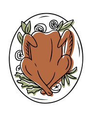 Illustration of roasted turkey on plate garnished with herbs, vegetables, and lemon slices. Vector hand drawn drawing in doodle style isolated on white background. Christmas traditional food